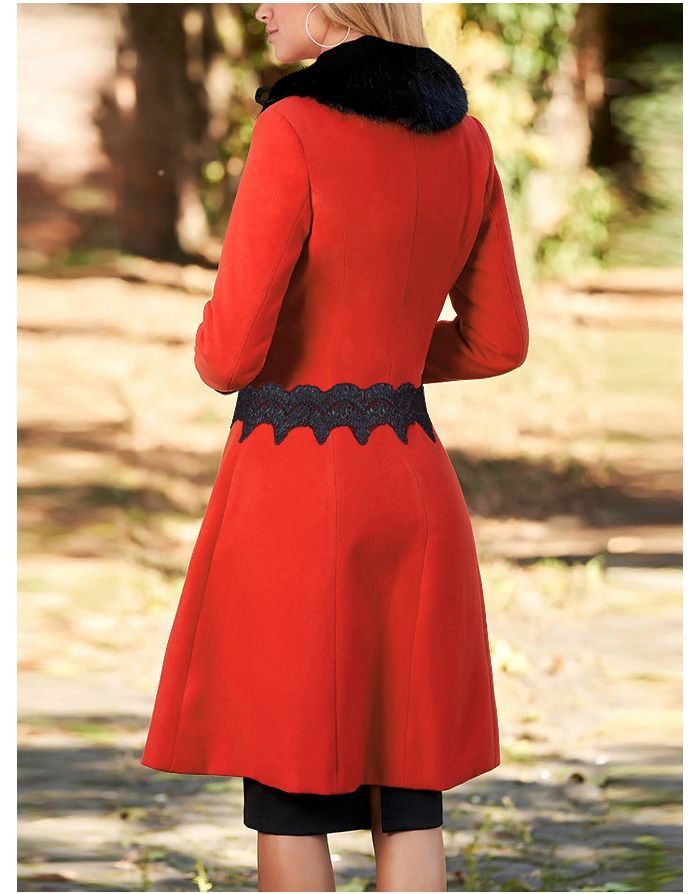 Winter New Woolen Coat Detachable Black Artificial Fur Collar Single Breasted Lace Stitching Women Elegant Long Coat