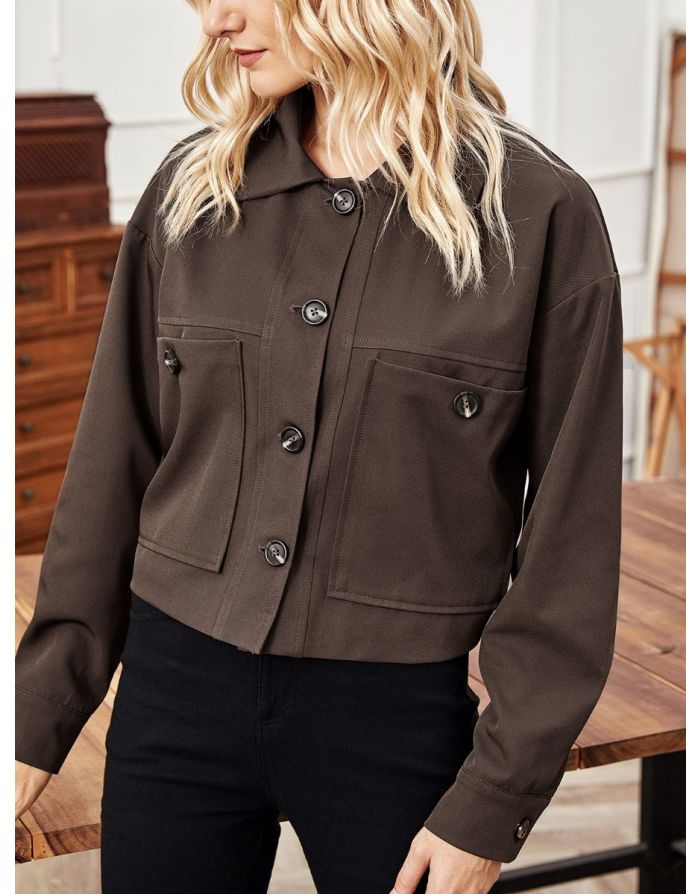 Fall Winter New Women Fashion Long Sleeve Cargo Coat Lapel Single Breasted Pockets Short Jacket