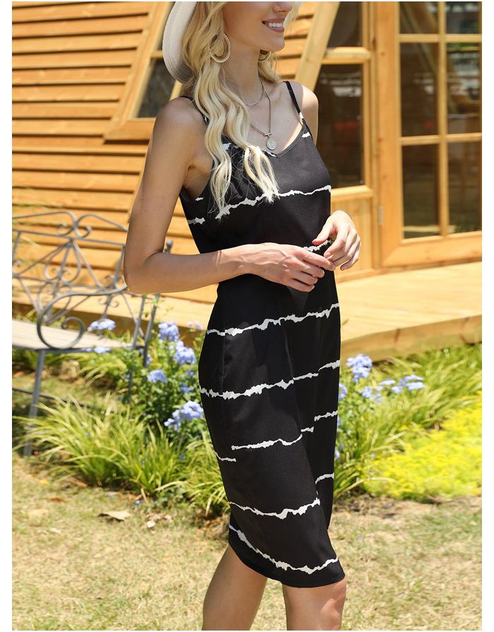 Slip Dress Women Striped V-Neck Midi Split Black Summer Dresses